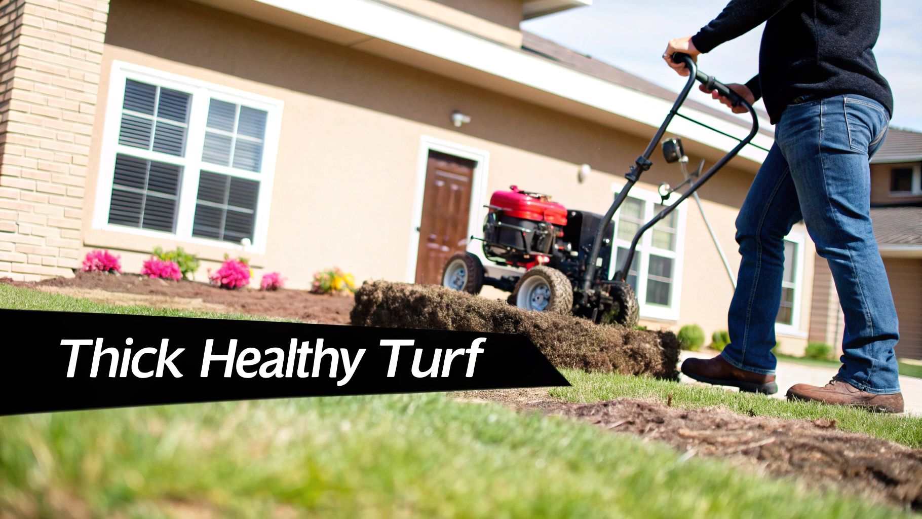 A person uses a dethatcher machine to remove thatch from a lawn in front of a house.