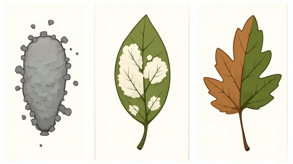 Illustrations showing various plant diseases: a gray spore, a green leaf with white fungal spots, and a half-brown, half-green leaf.