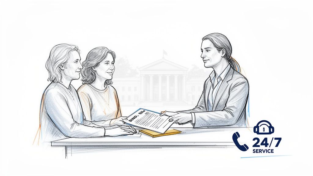 Three individuals at a table, one handing a bond document to another, with a courthouse in background and 24/7 service icon.