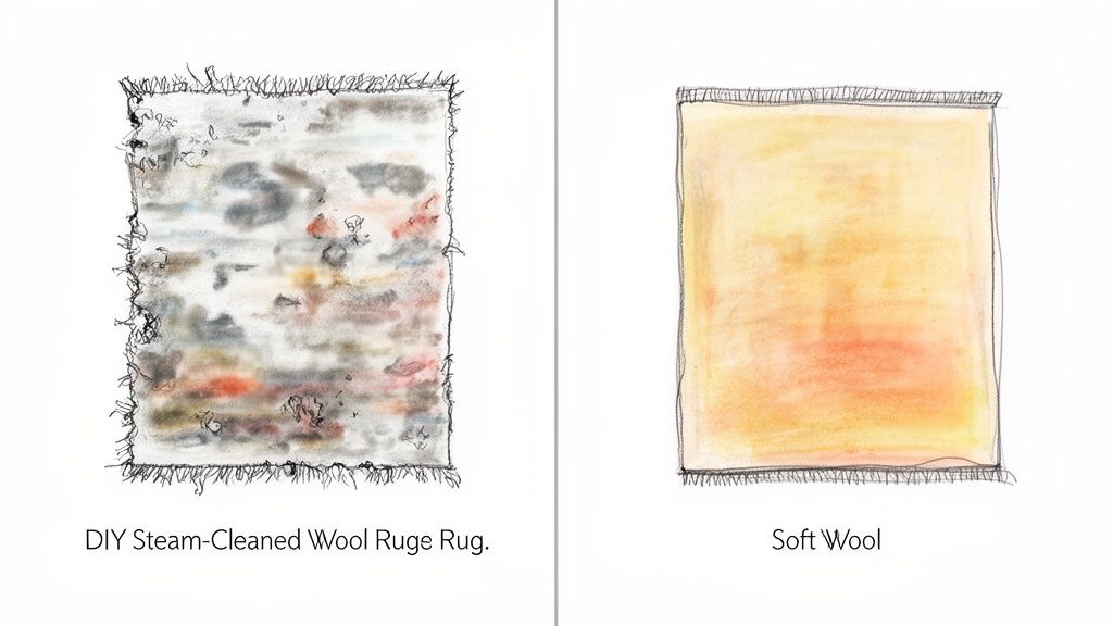 Two drawn rugs compare a blotchy, damaged DIY steam-cleaned wool rug to a clean, soft wool rug.