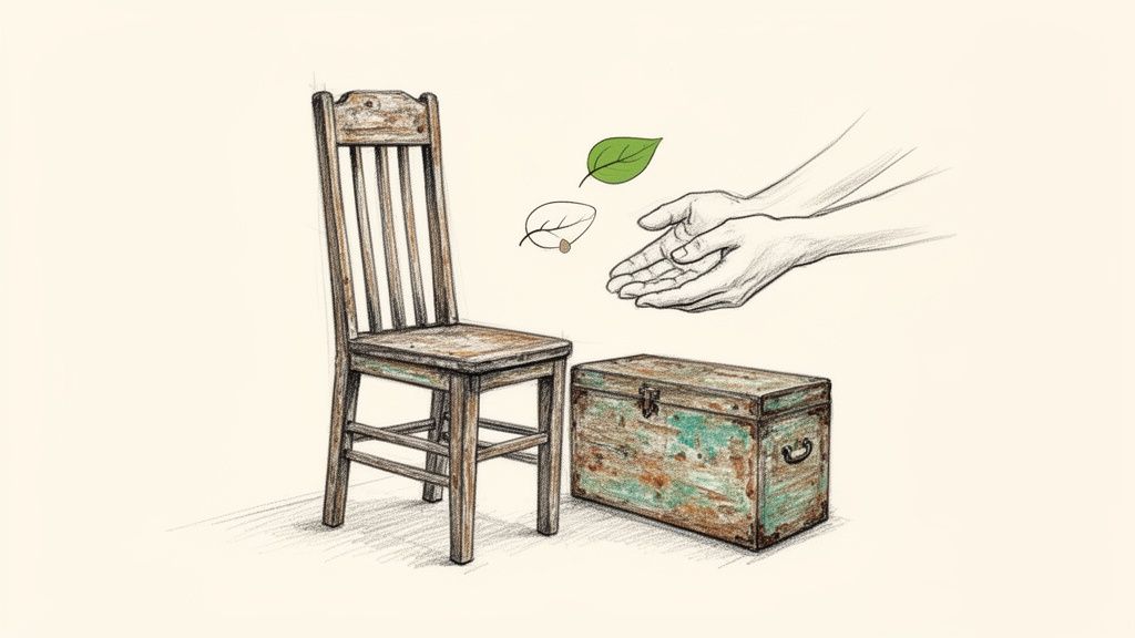 Sketch of an old wooden chair, rustic chest, cupped hands, and two leaves, symbolizing restoration.