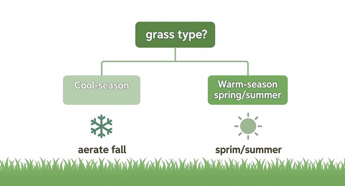 Flowchart showing aeration timing for cool-season grass (fall) and warm-season grass (spring/summer).