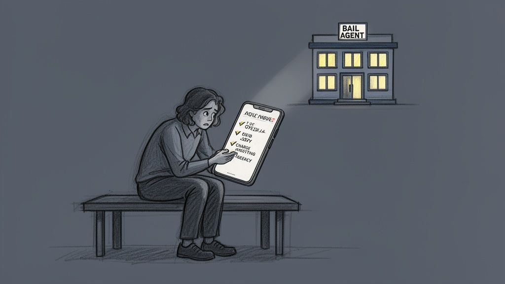 A distressed individual sits on a bench, consulting a phone checklist, near a glowing 'Bail Agent' building.