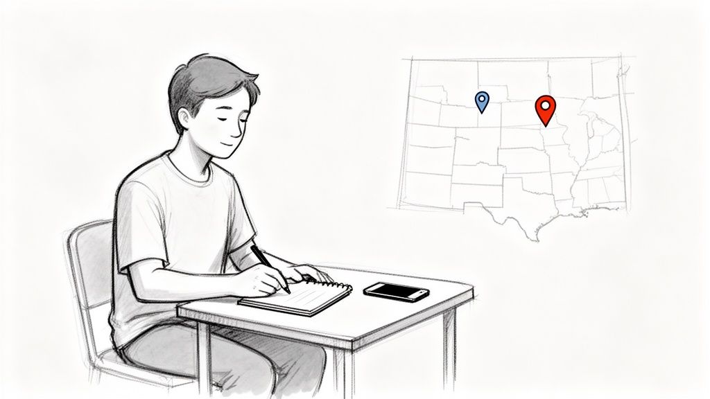 A boy writes in a notebook at a desk, with a map showing two locations in the background.