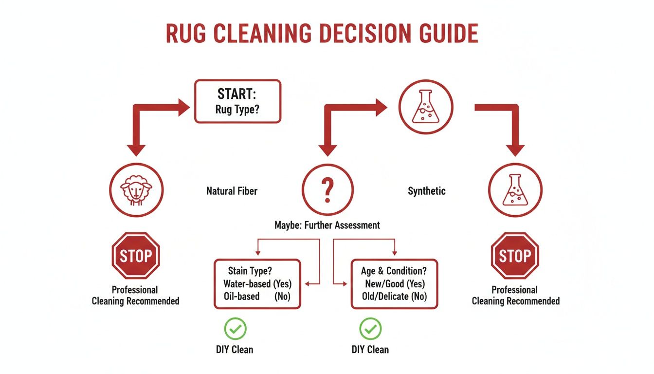 Flowchart for rug cleaning decisions, guiding users to DIY or professional cleaning based on rug type.