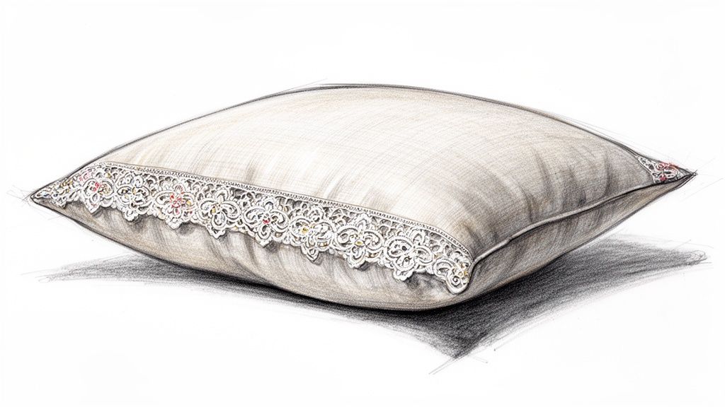 A hand-drawn sketch of a beige pillow with intricate white lace trim and colorful accents.