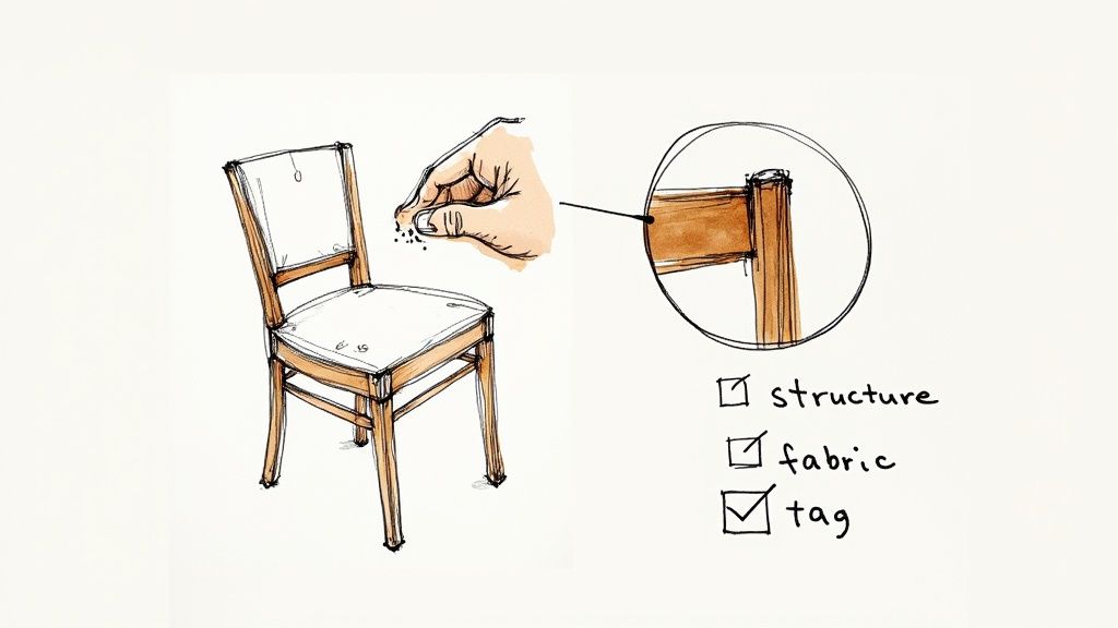 A detailed drawing of a wooden chair, a hand sprinkling, magnified joint detail, and an inspection checklist.