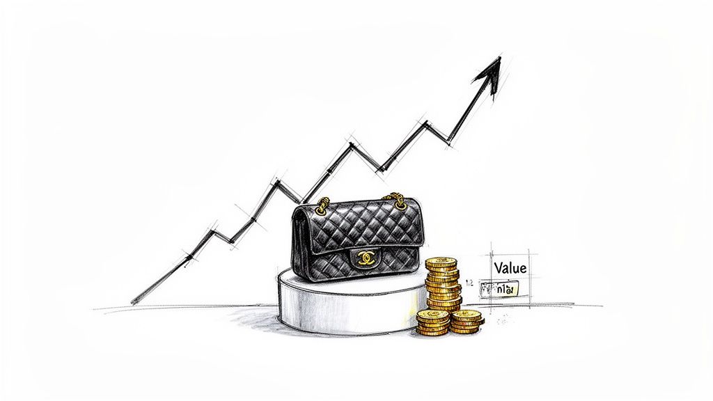 A luxury Chanel bag on a stand with gold coins and an upward financial graph.