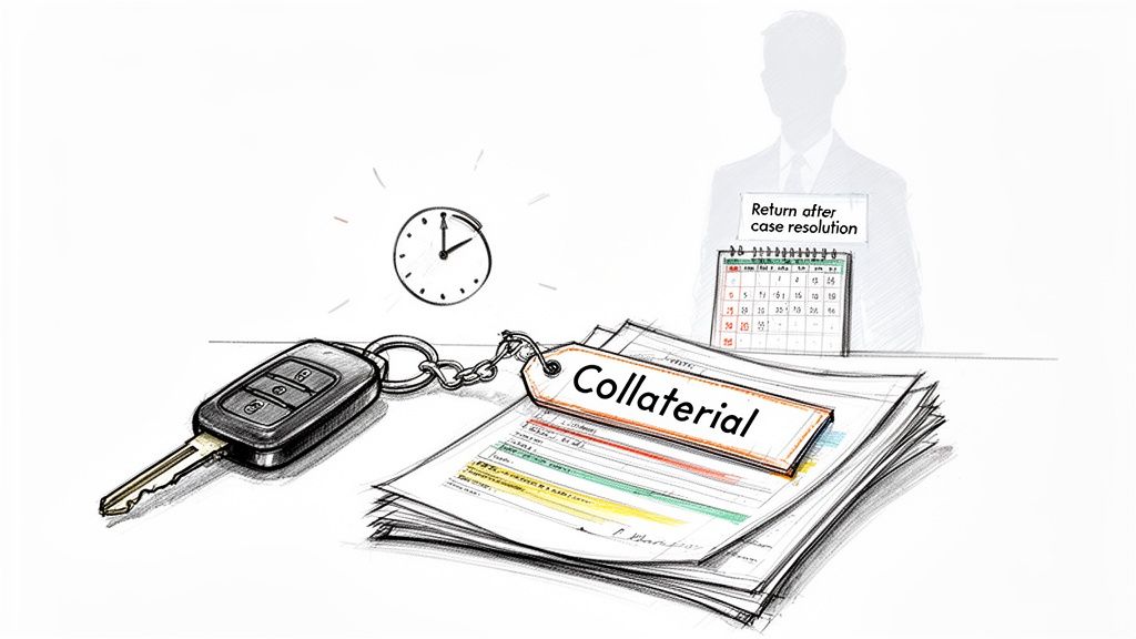 Sketch of a car key and documents labeled 'Collateral', with a clock and 'Return after case resolution'.