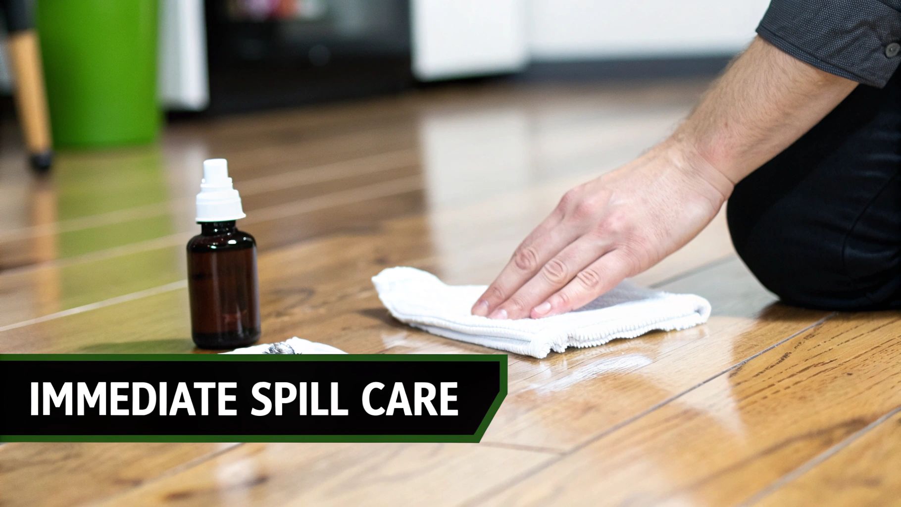 A person's hand wiping a spill on a shiny wooden floor with a white cloth, next to a spray bottle.