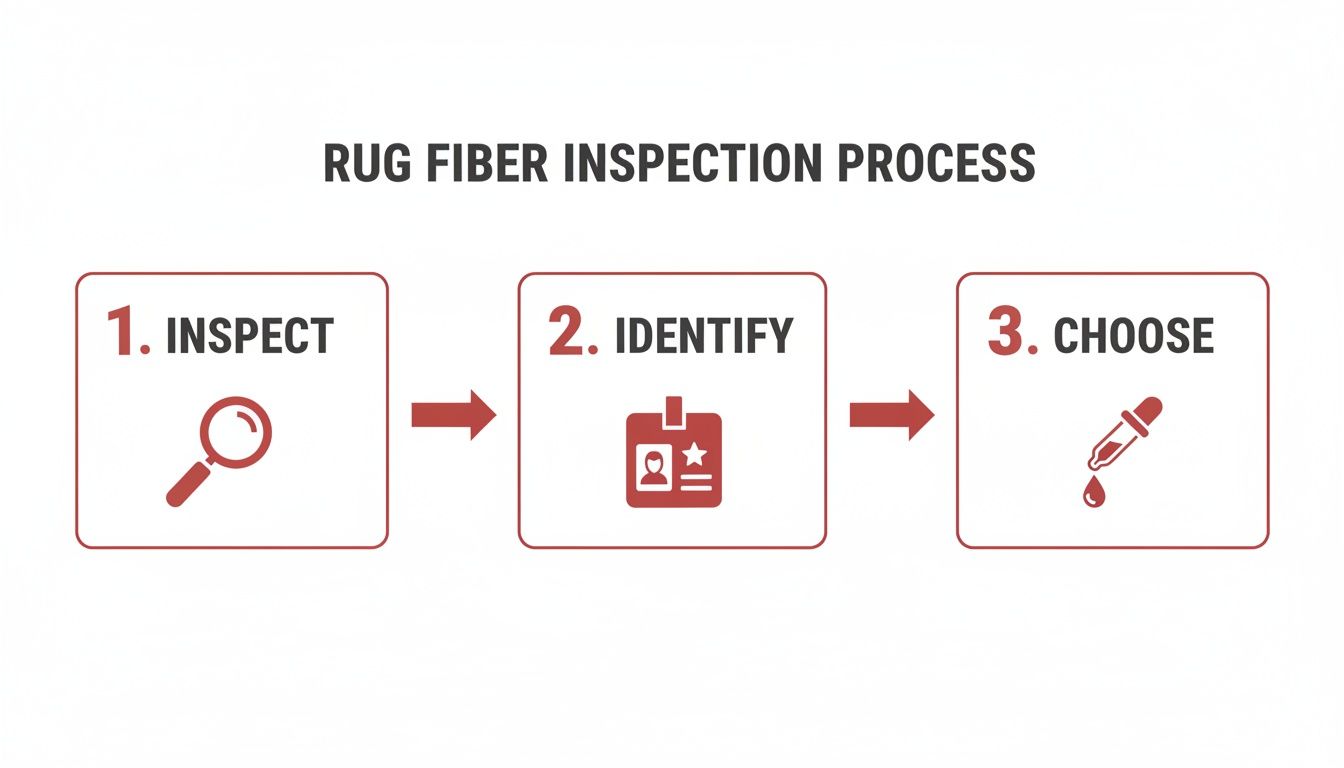 Infographic outlining the rug fiber inspection process, showing inspect, identify, and choose steps.