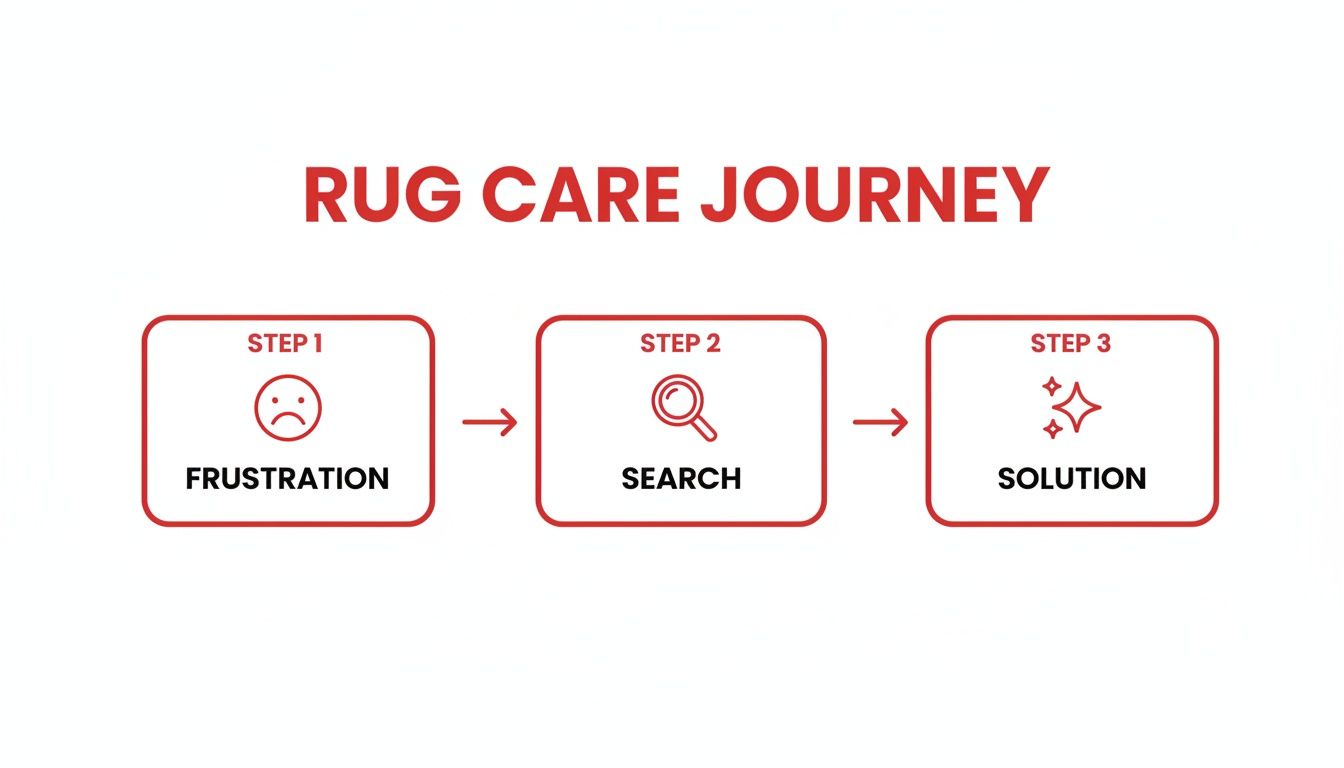Flowchart illustrating the three-step rug care journey: frustration, search, and solution.