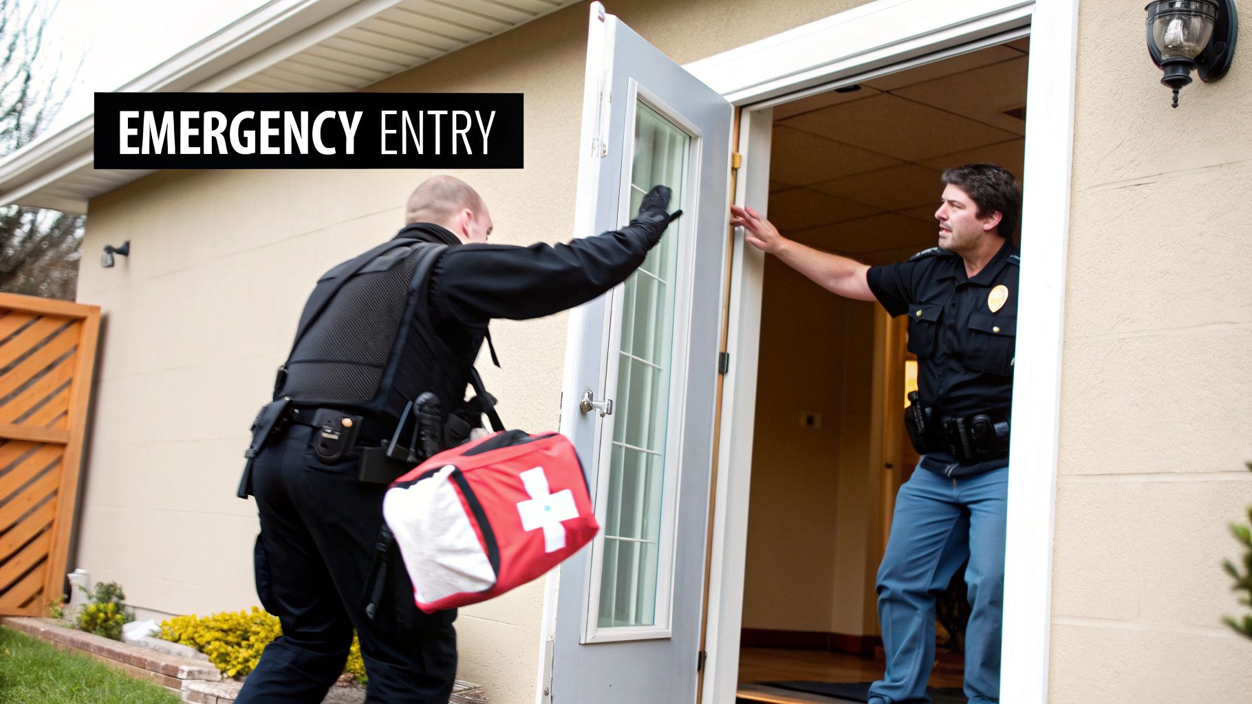 Two police officers at a house doorway, one entering with a first-aid bag during an emergency.