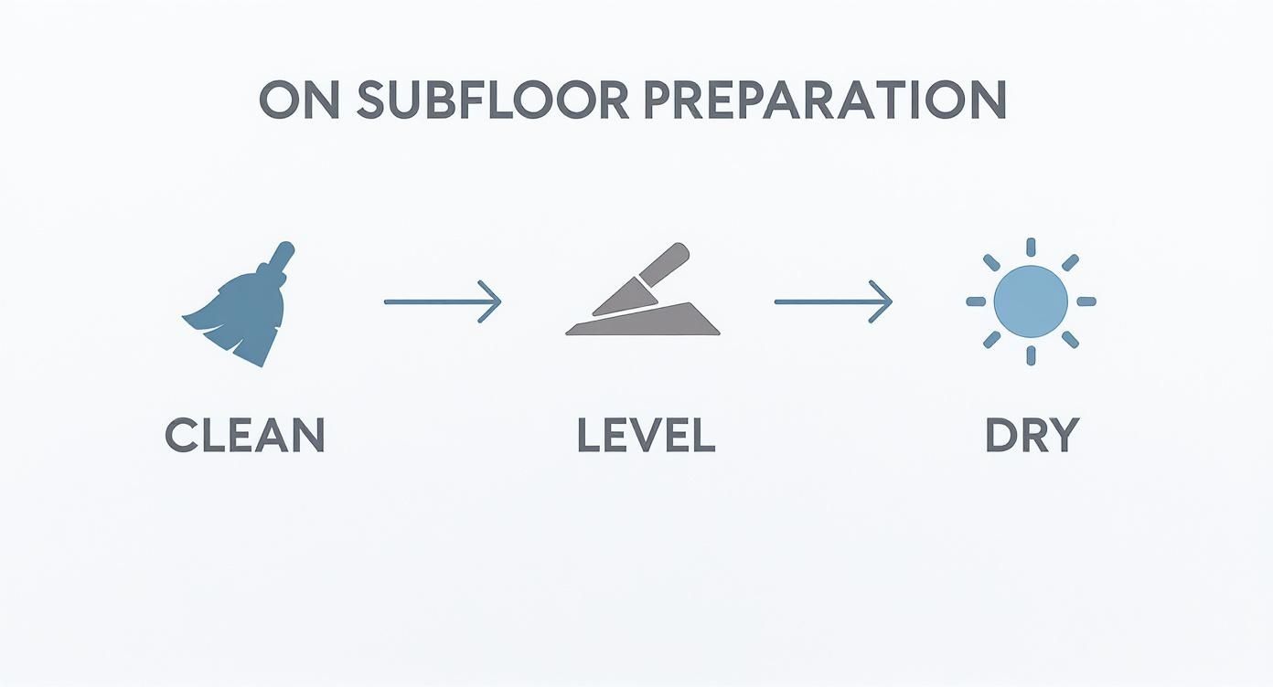 Infographic showing the three-step subfloor preparation process clean, level, and dry with simple icons for each step.