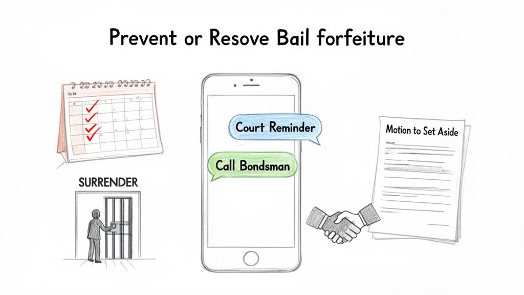 Illustration depicting steps to prevent or resolve bail forfeiture, including calendar, phone reminders, surrender, and legal motion.
