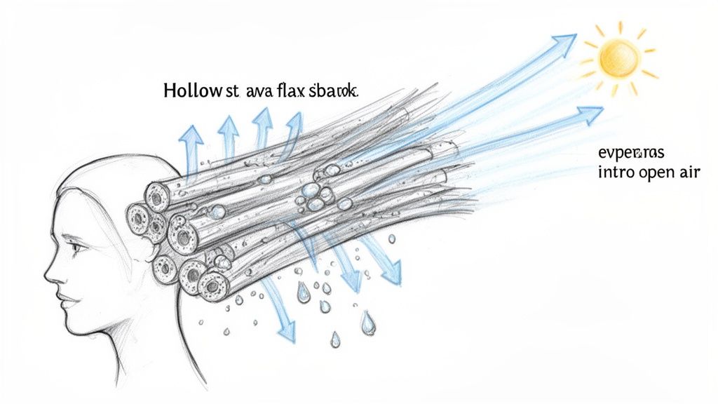 Diagram illustrating hollow flax-like fibers on a head for evaporative cooling, with airflow and sun.