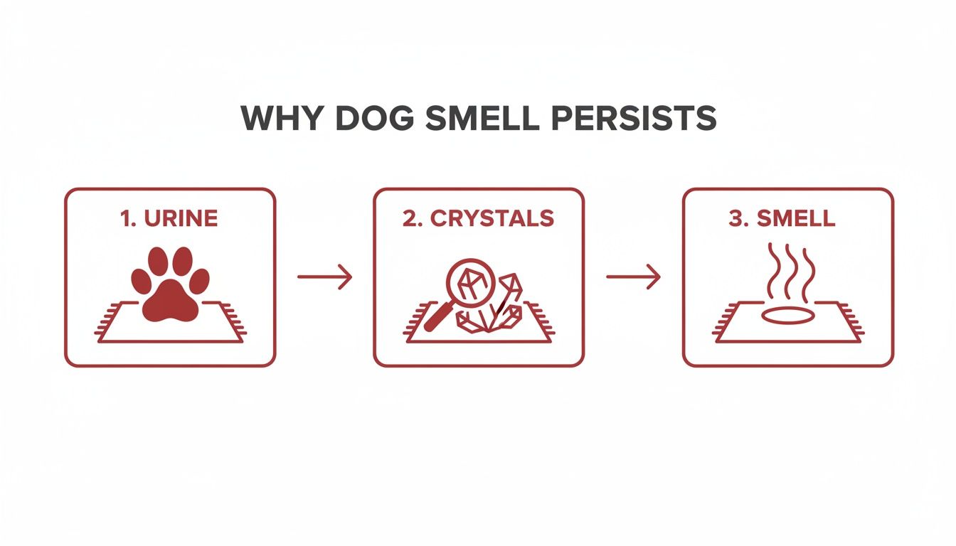Flowchart illustrating why dog smell persists: urine leads to crystals, which cause lingering odor.