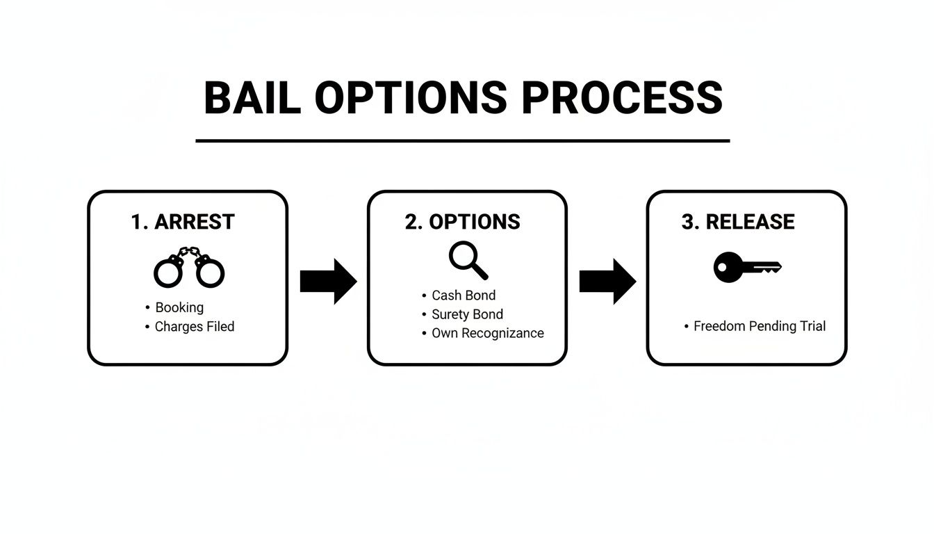 Flowchart illustrating the bail options process, detailing steps from arrest to release with bond types.