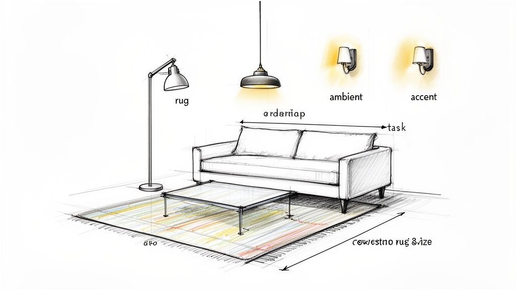 Sketch illustrating a living room layout with a sofa, coffee table, rug, floor lamp, and wall sconces. Different lighting types are labeled: ambient, accent, and task.
