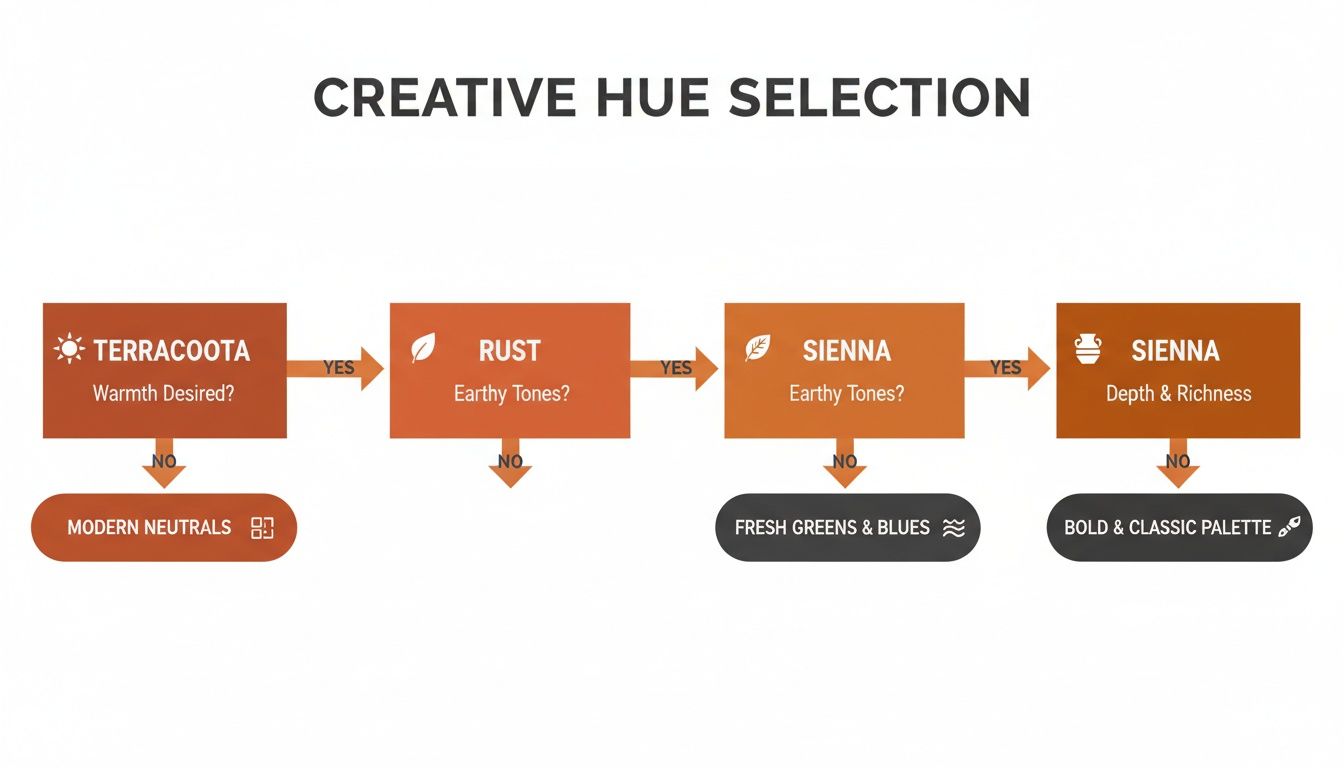A flowchart illustrates creative hue selection, guiding through terracotta, rust, and sienna color choices.