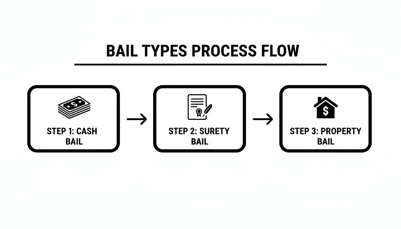 Process flow diagram showing cash, surety, and property bail types in three steps.