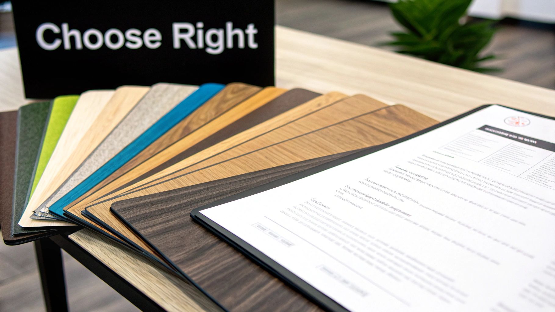 Various material samples, including wood and fabric, displayed with a 'Choose Right' sign and a brochure.