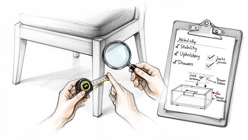 Hands inspect a chair leg with a magnifying glass and measuring tape, next to a furniture inspection checklist.