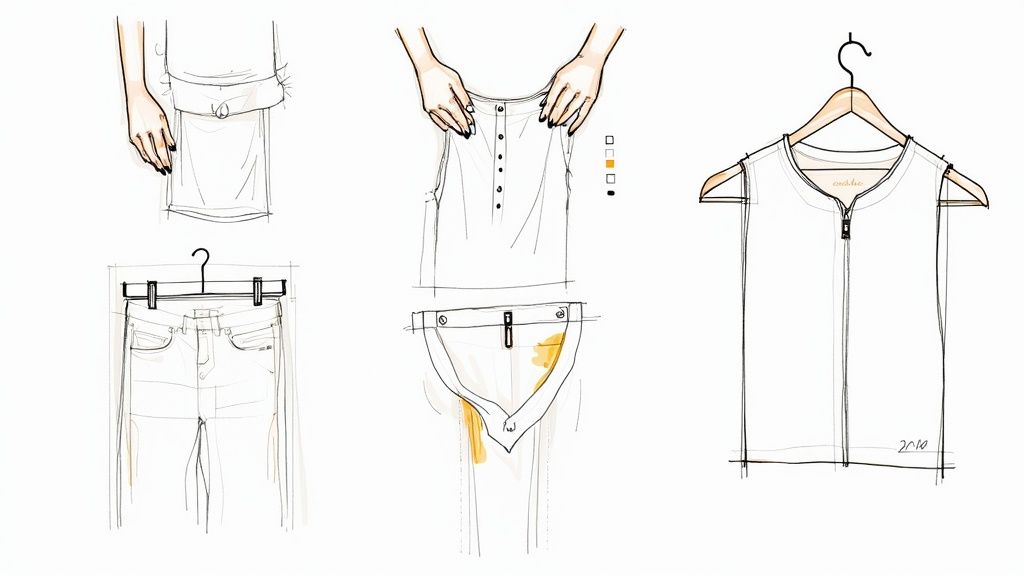 Fashion sketches demonstrating a convertible top design and a pair of jeans, showcasing versatility.