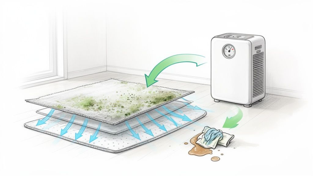 Illustration showing a dehumidifier drying a mildewed carpet, with air circulation arrows and a liquid spill.