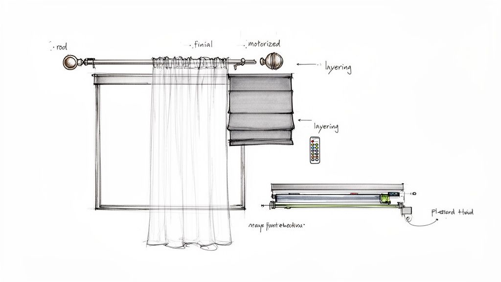 Sketch showing layered window treatments with a sheer curtain, motorized Roman blind, rod, finial, and remote control.