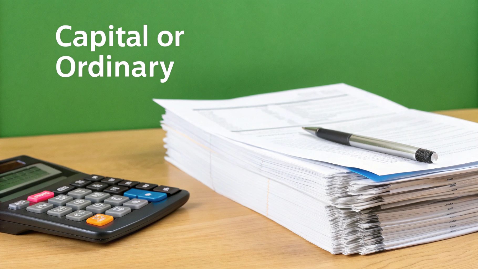 A calculator, stack of papers, and pen on a wooden desk with 