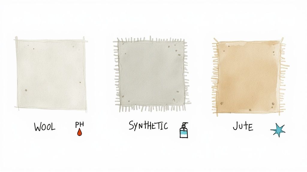 Three fabric swatches: wool, synthetic, and jute, each with a corresponding symbol for care or properties.