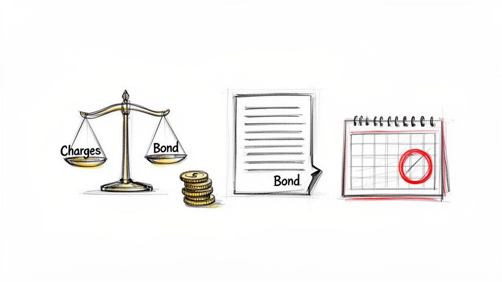 A legal scale balancing charges and bond, with a bond document, money, and a crossed-out calendar.