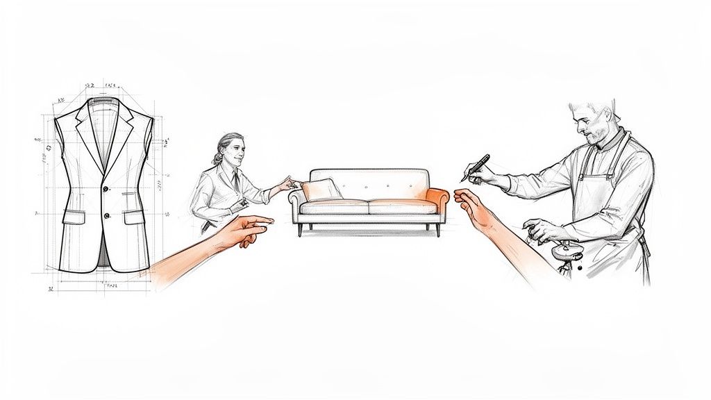 Illustration of bespoke design process: a tailored vest pattern, a sofa, a designer, and a craftsman working.