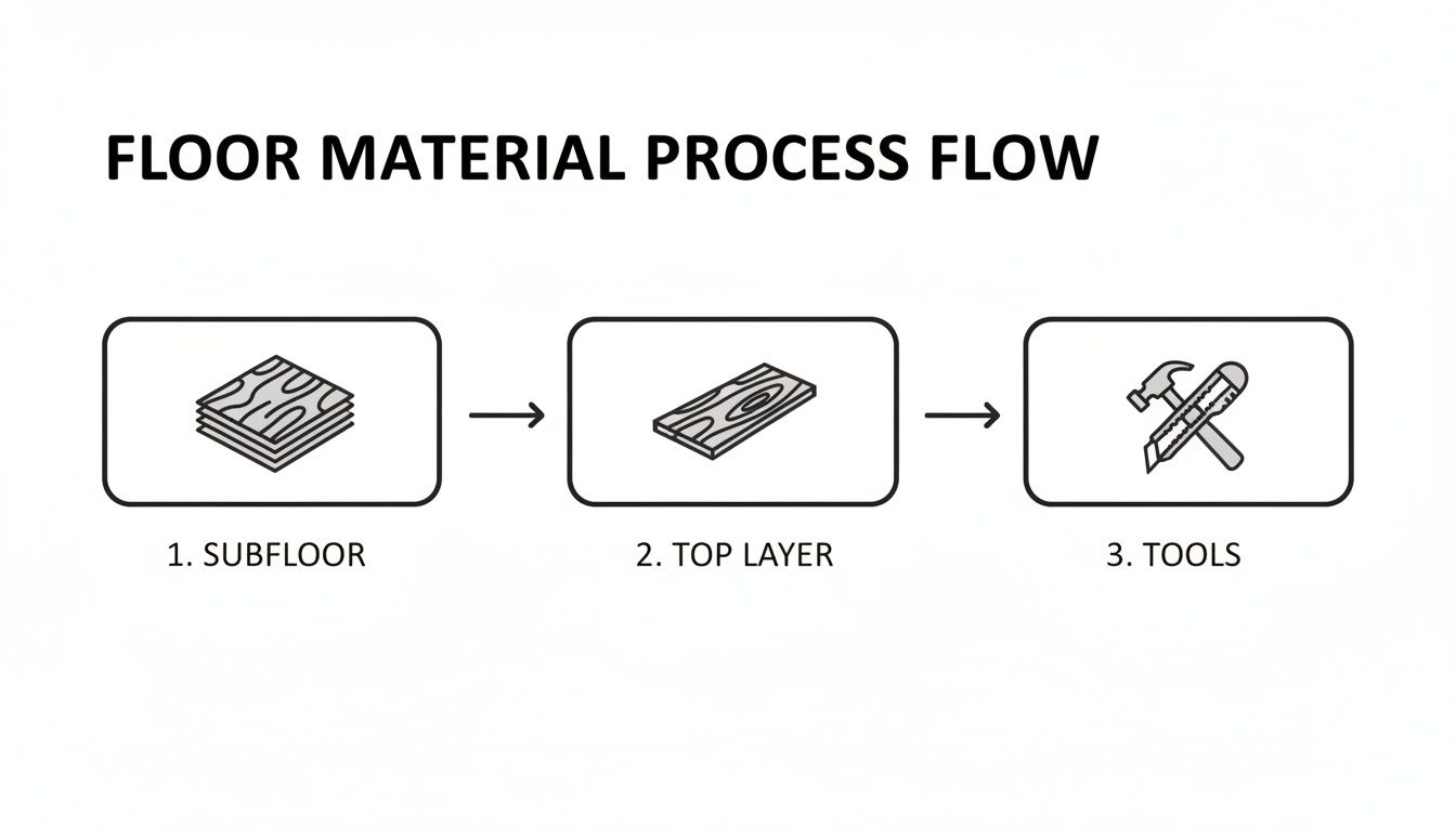 A floor material process flow diagram illustrating subfloor, top layer, and tools for installation.