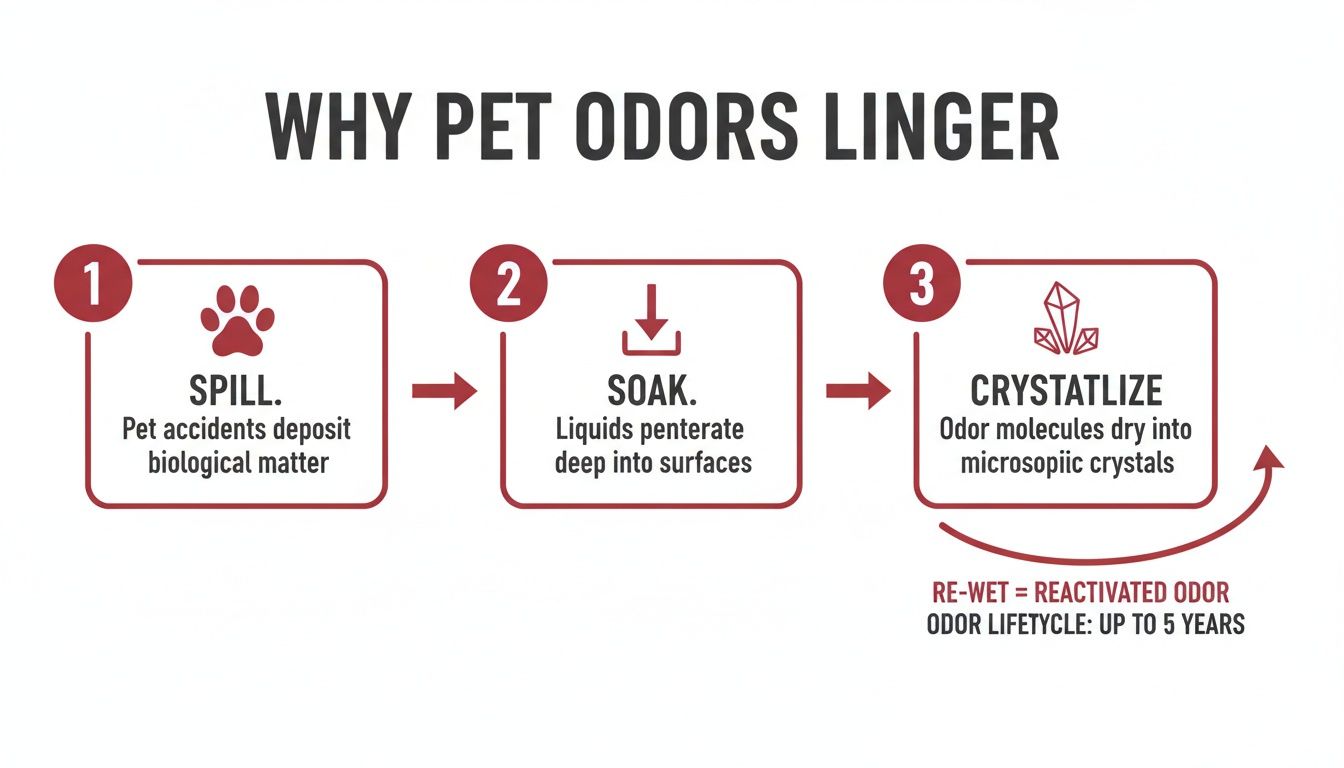 A diagram explaining why pet odors linger, showing a 3-step process: spill, soak, and crystallize.