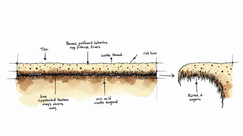 Cross-section diagram illustrating carpet layers, pet urine penetration, and resulting damage.