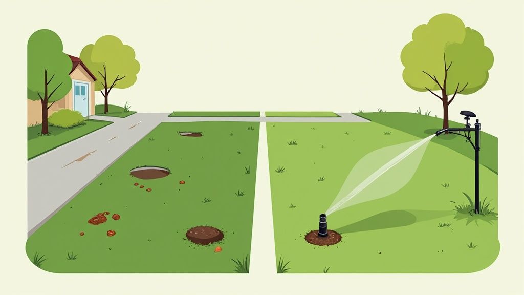 Illustration of a lawn with dug-up holes on one side and an efficient sprinkler system on the other.
