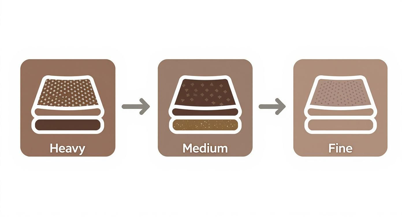 Illustration detailing material texture transformation, from coarse 'Heavy' to 'Medium' and then 'Fine'.