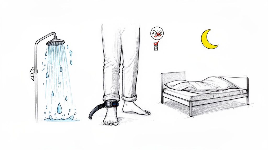 Illustration of daily activities with an ankle monitor: showering, wearing the device, and sleeping.