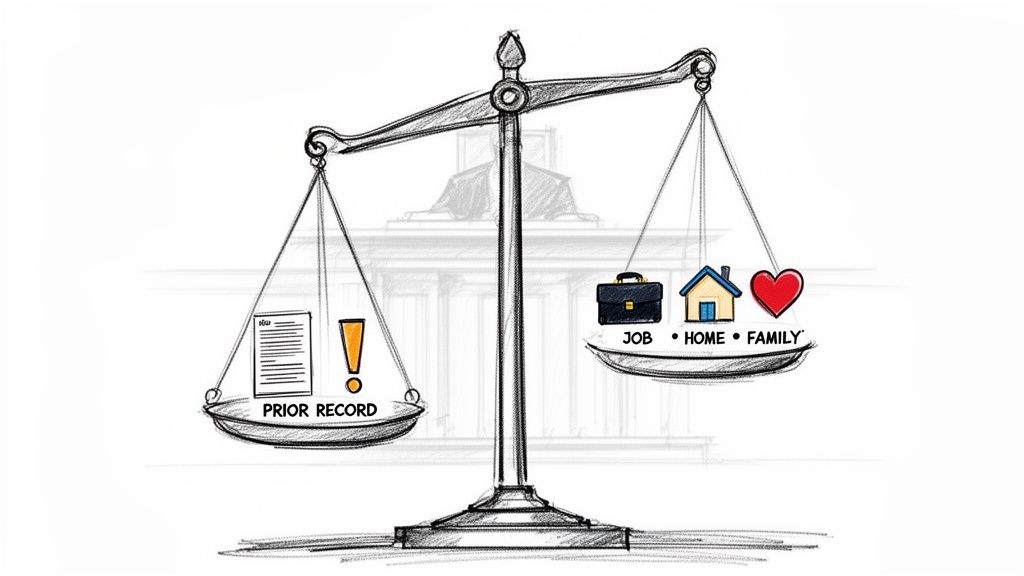 A balanced scale of justice weighing a prior record against job, home, and family.