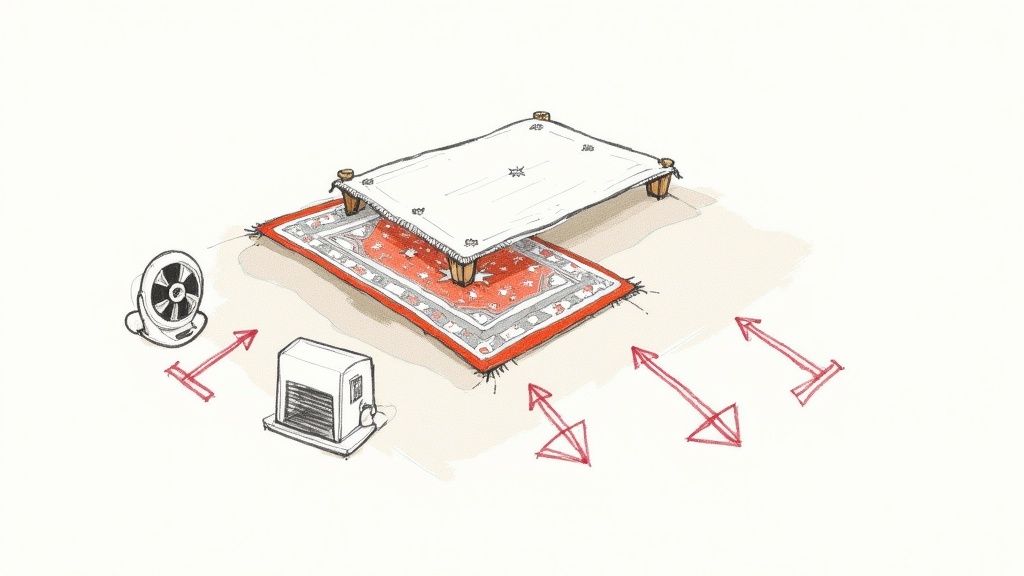 A red oriental rug with a raised white platform, a fan, and a heater, showing a setup for drying.