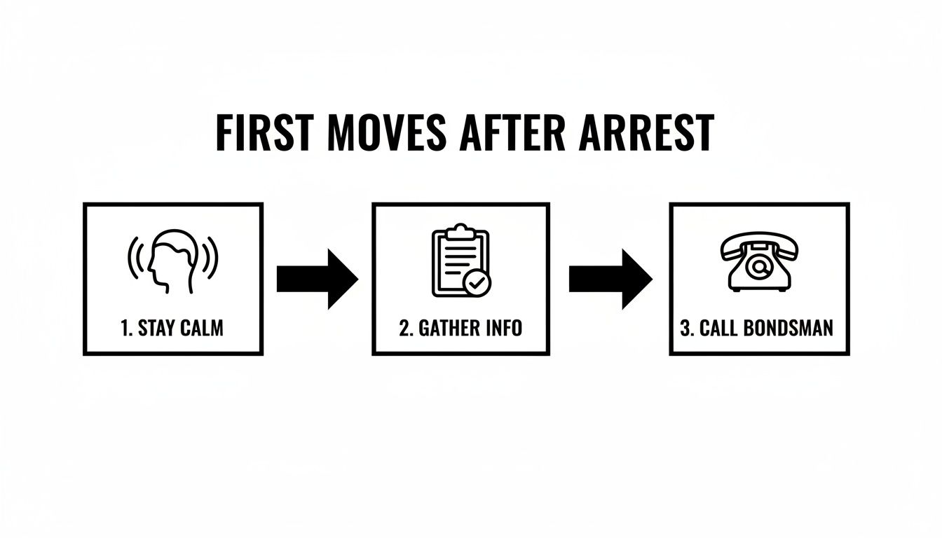A flowchart illustrating the first three steps after an arrest: stay calm, gather info, and call a bondsman.