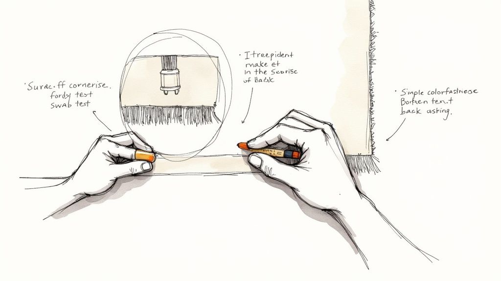 An illustration of hands performing a colorfastness test on a rug using colored crayons or chalk.