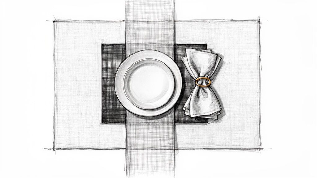 A minimalist pencil sketch of a top-down table setting with plates, a runner, and a napkin.