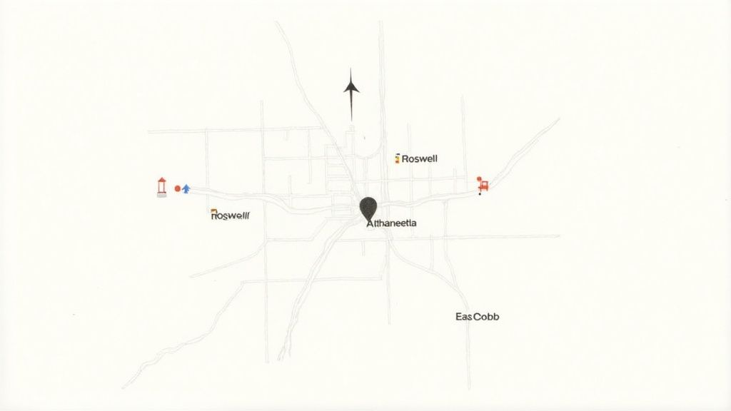 A simple map showing the towns of Atthaneetla, Roswell, and Eas Cobb with connecting roads.