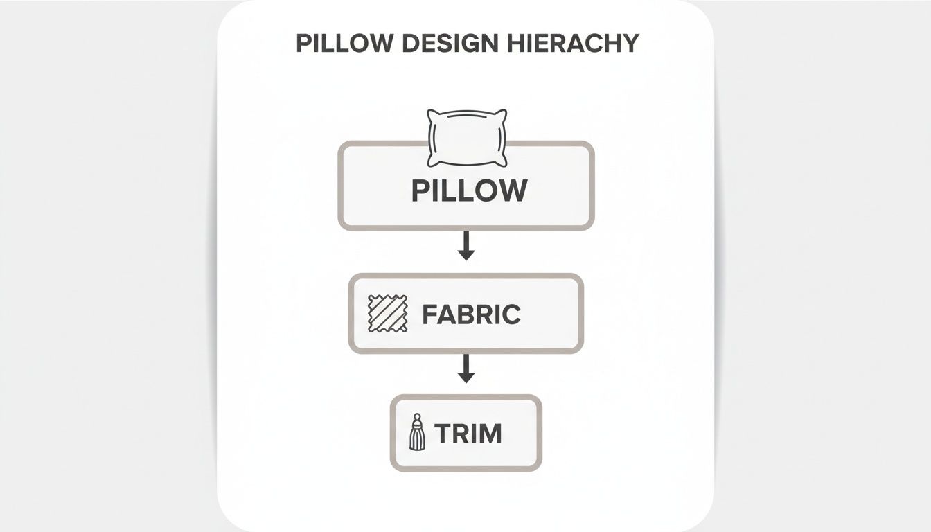 Flowchart illustrating the pillow design hierarchy, starting with the pillow, then fabric selection, and finally decorative trim.