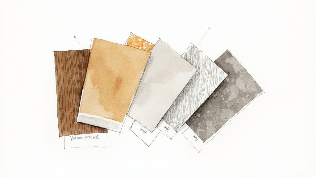 A fanned arrangement of architectural material swatches, including wood, light fabric, and dark textured concrete, with handwritten labels.