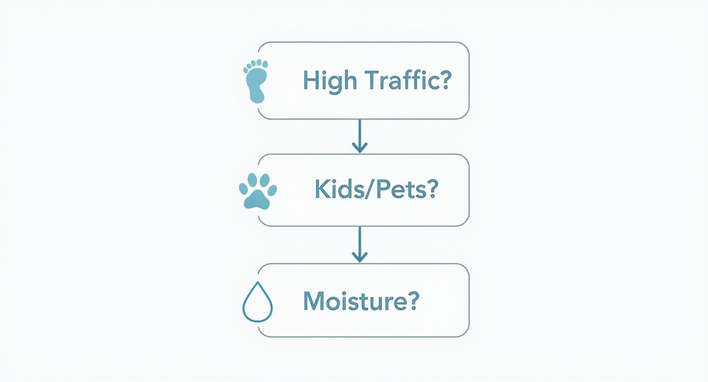 Flowchart illustrating key considerations for choosing flooring: high traffic, kids/pets, and moisture.