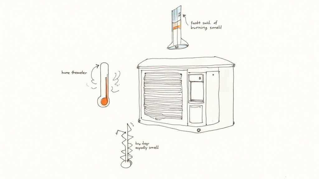 A technician inspecting an outdoor HVAC unit, checking for early signs of repair needs.